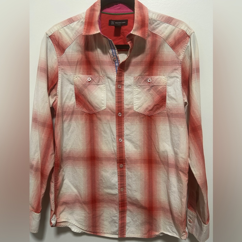 INC Red & Bone Graffiti Effect Plaids Mens Shirt Size S